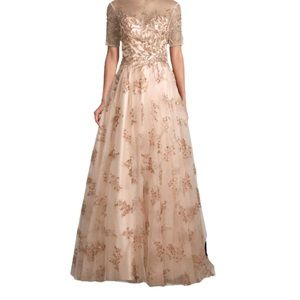 NWT Mac Duggal 79317 Champagne Embellished Illusion Cap Sleeve A-Line Gown Sz 12